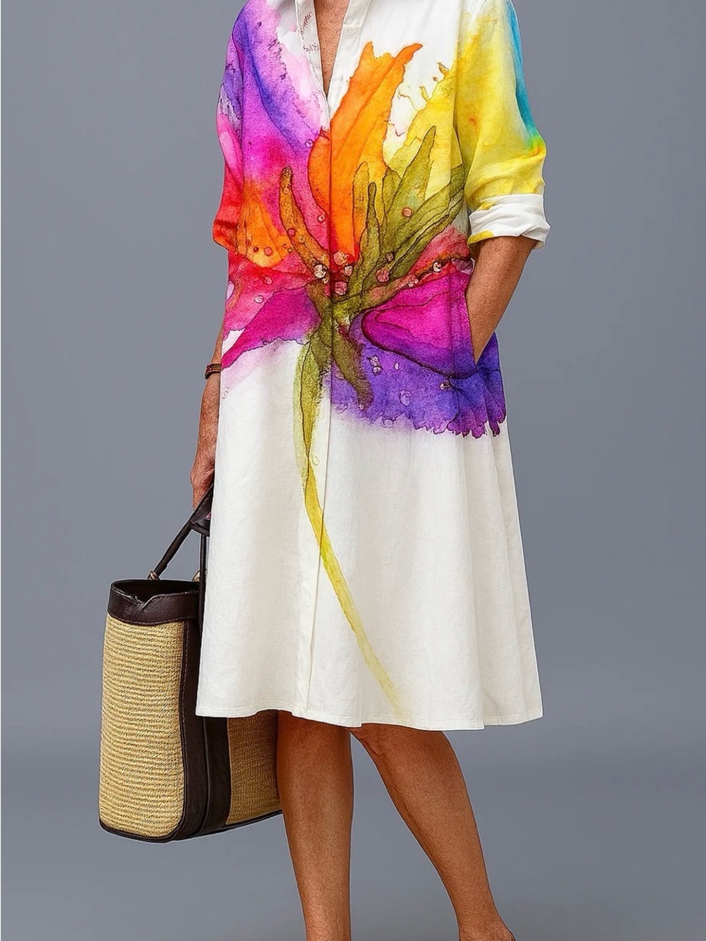 Women’s White Midi Shirt Dress with Multicolor Watercolor Floral Print